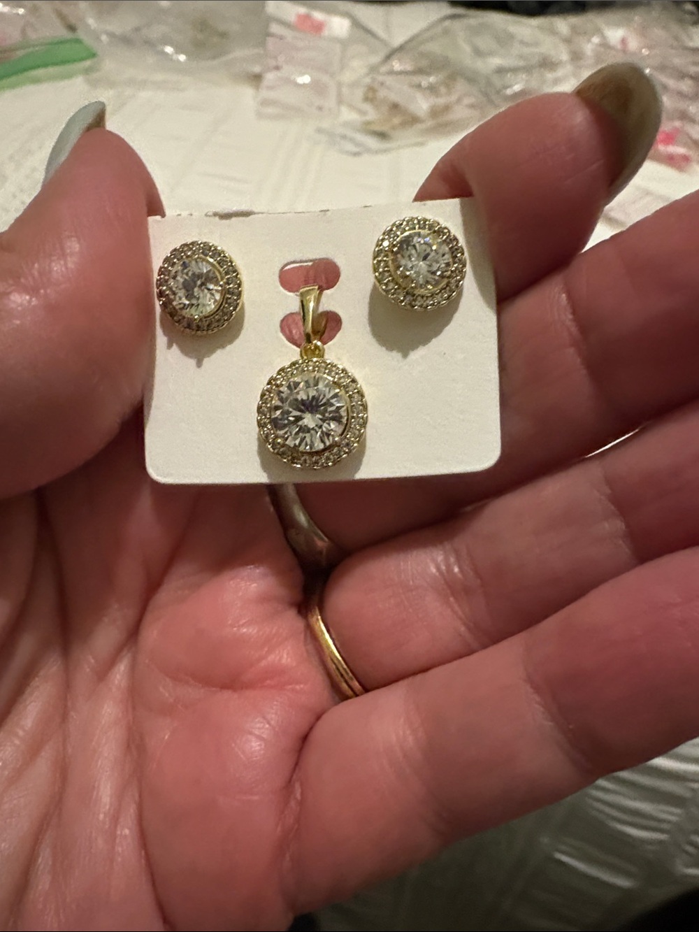 Gold-Tone Cubic Zirconia Pendant & Stud Earring Set - Gold Clear